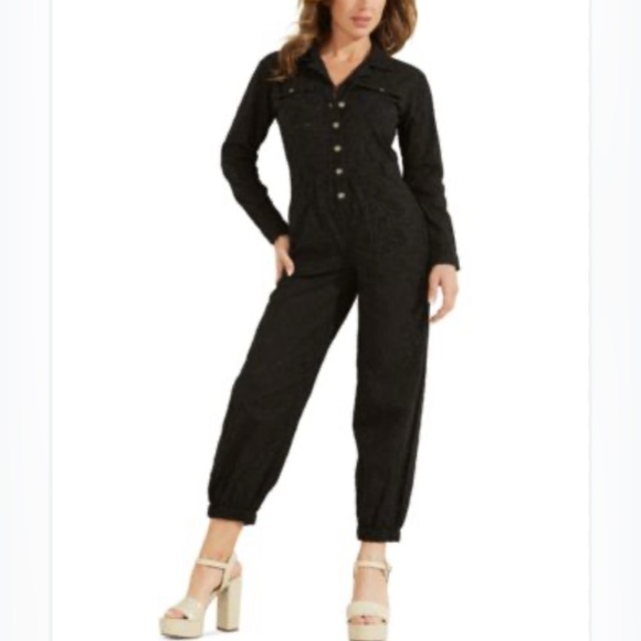 GUESS Women's Black Tosca Cotton Eyelet Jumpsuit Size Medium NWT - Picture 1 of 13